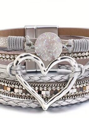 Boho layered heart bracelet silver rhinestone magnetic clasp - new